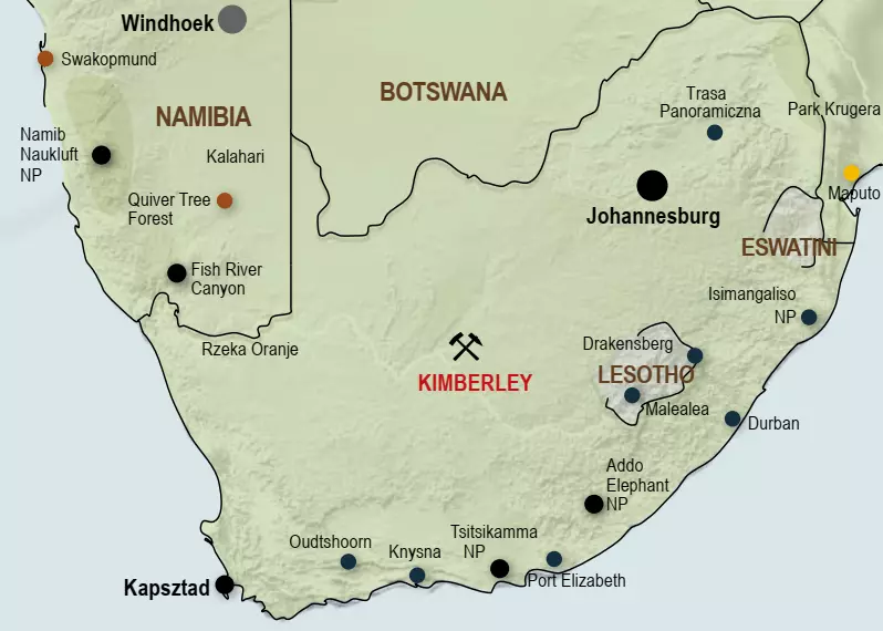 Kimberley na mapie RPA jest w centrum kraju.