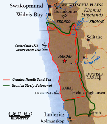 Mapa obszaru UNESCO zwanego Namib Sand Sea