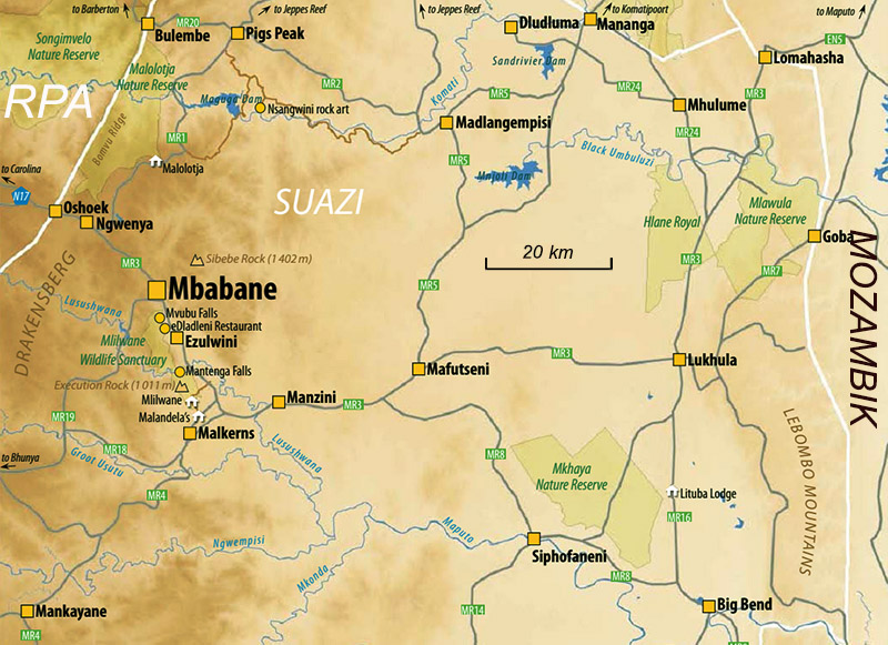 Mapa, jak zwiedzać Suazi